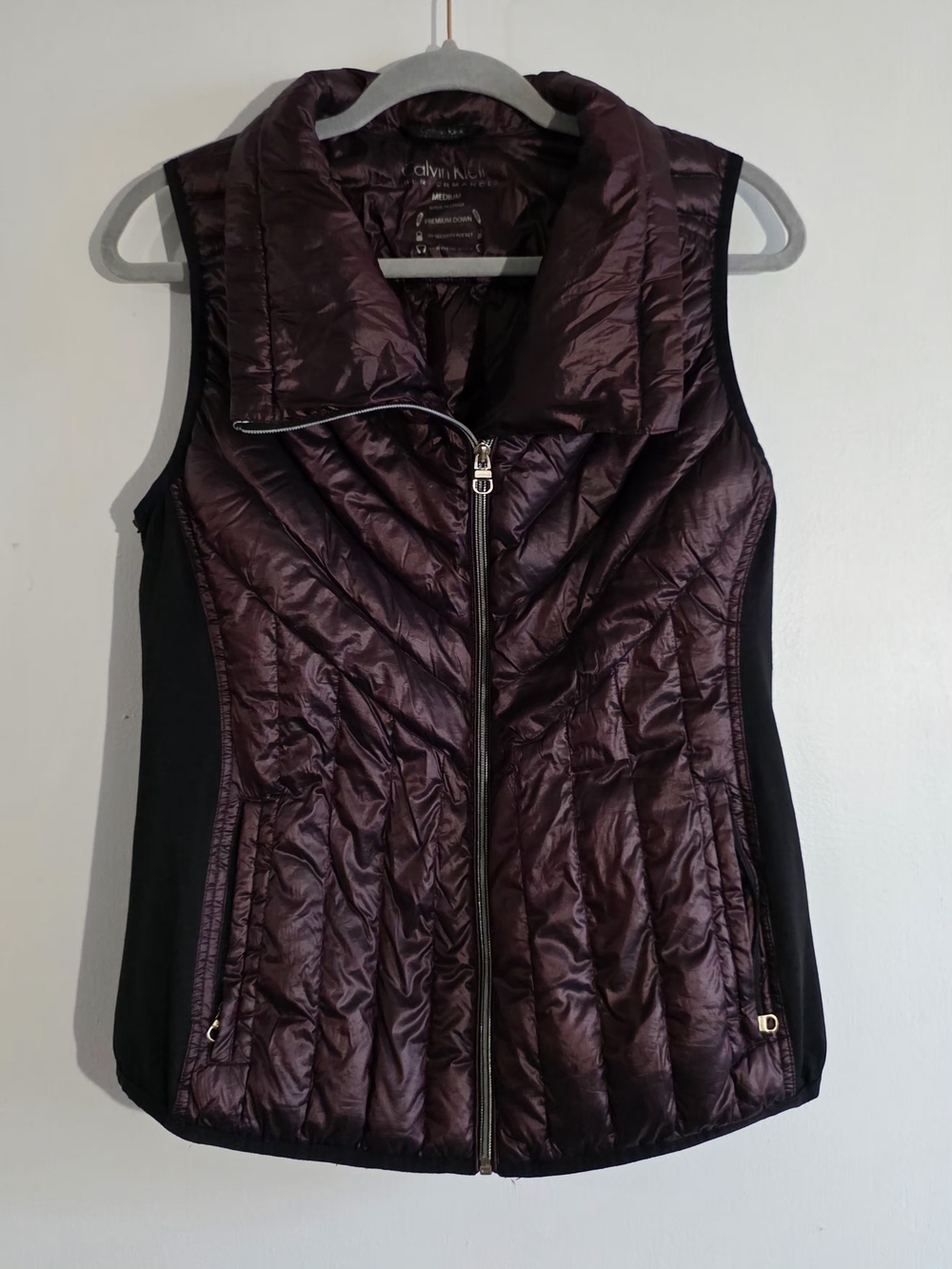 Calvin Klein Quilted Plum Sleeveless Puffer Vest with Black Panels